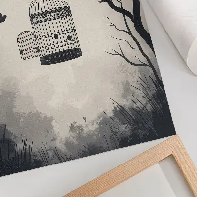 Premium wall art black and white tree with bird cage minimalist design