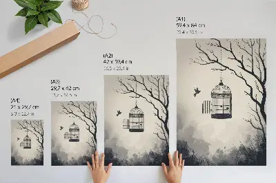 Premium wall art black and white tree with bird cage minimalist design