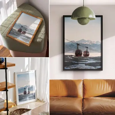 Decorative poster mountains and winter landscape with a cable car