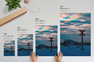 Poster Atmospheric winter landscape, colorful clouds, lonely sign