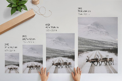 Art print Reindeer on a snowy road among the mountains, winter background