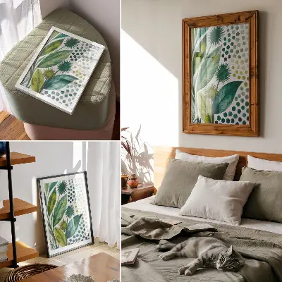 Premium wall art green leaves with dots in a boho nature style