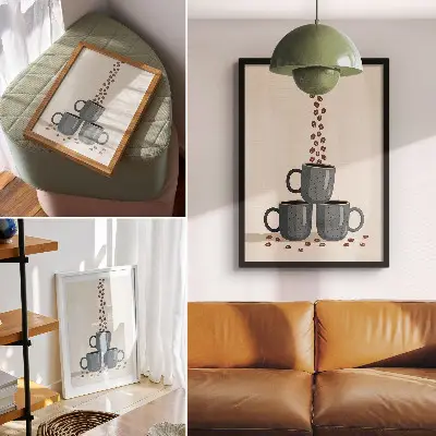 Poster gray mugs and coffee beans on a cream background