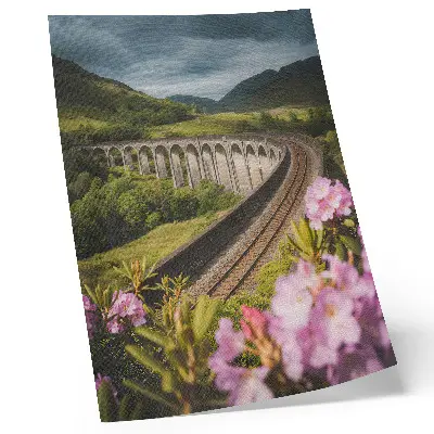 Premium wall art stone viaduct in green hills with pastel flowers