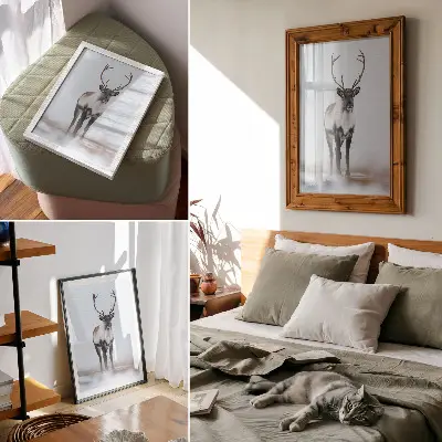 Decorative poster reindeer in a winter scenery with warm shades in a modern style