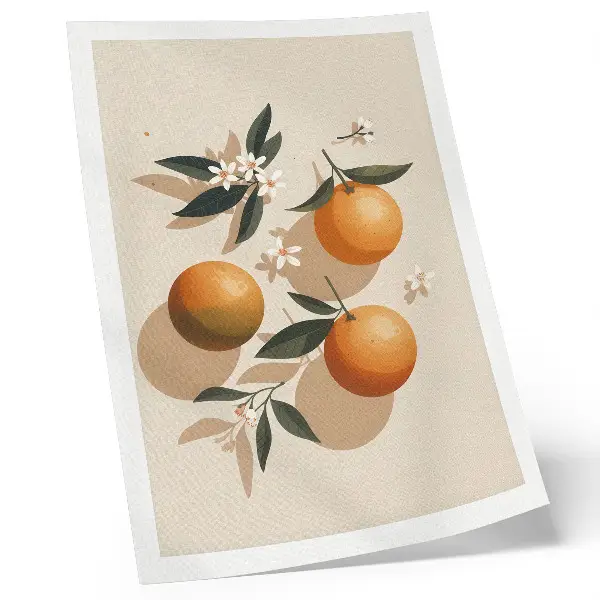 Art print with juicy oranges, green leaves, and white flowers