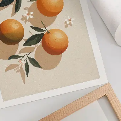 Art print with juicy oranges, green leaves, and white flowers