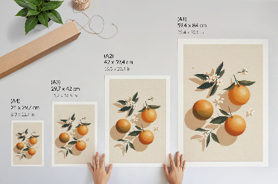 Art print Juicy oranges, green leaves, white flowers