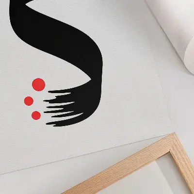 Premium wall art black shape with red circle on a light background