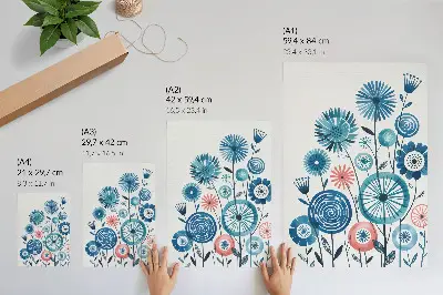 Modern blue flowers wall art on a white background