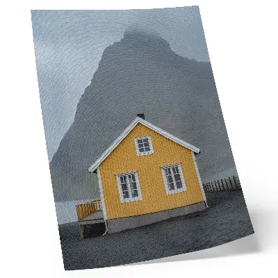 Premium wall art minimalist yellow house in the mountains representing peace and simplicity