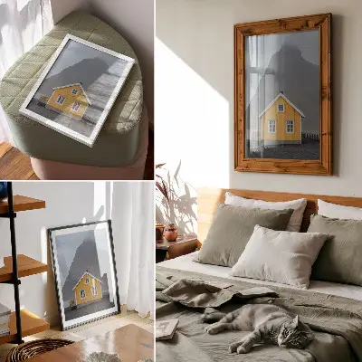 Premium wall art minimalist yellow house in the mountains representing peace and simplicity