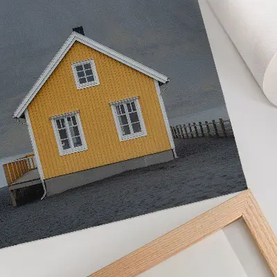 Premium wall art minimalist yellow house in the mountains representing peace and simplicity