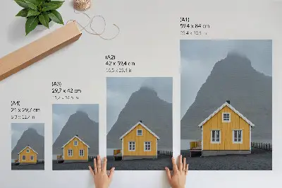 Premium wall art minimalist yellow house in the mountains representing peace and simplicity