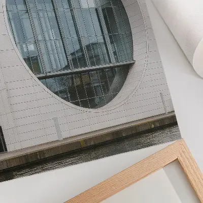 Art print futuristic facade with strict lines and glass structure