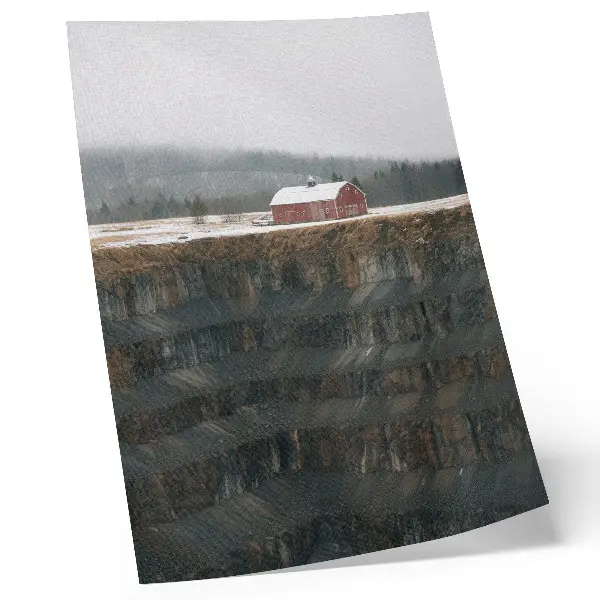 Premium wall art barn by the slope in a foggy winter forest landscape