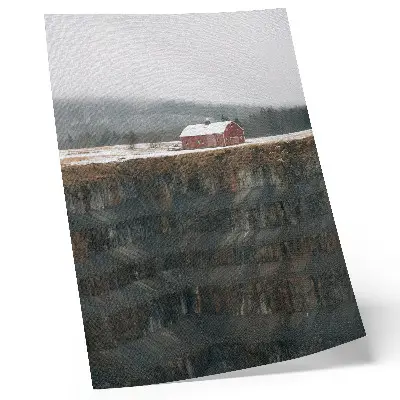 Premium wall art barn by the slope in a foggy winter forest landscape