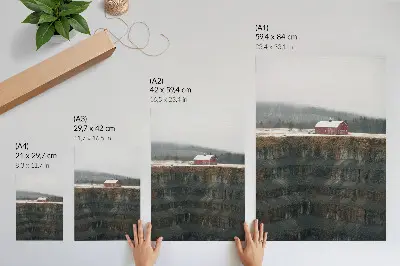 Premium wall art barn by the slope in a foggy winter forest landscape