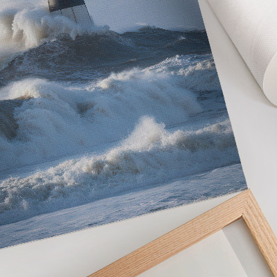 Poster Waves hitting the lighthouse, high contrast, the power of nature