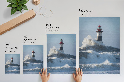 Poster Waves hitting the lighthouse, high contrast, the power of nature