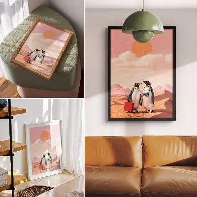Premium wall art featuring a surreal penguins in the desert scene