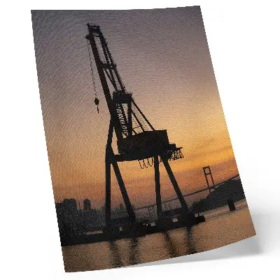 Industrial crane silhouette wall art sunset bridge scene
