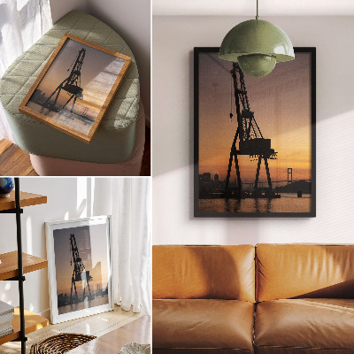 Premium wall art Industrial crane silhouette sunset bridge