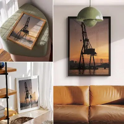 Industrial crane silhouette wall art sunset bridge scene