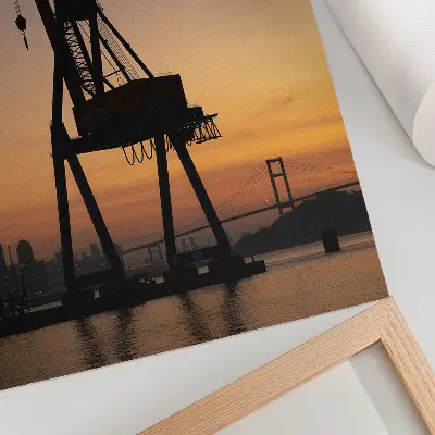 Industrial crane silhouette wall art sunset bridge scene