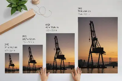 Industrial crane silhouette wall art sunset bridge scene