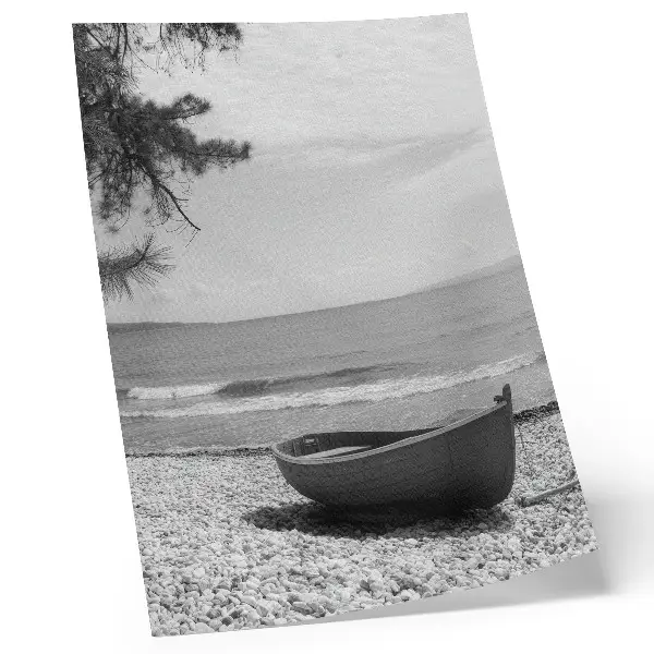 Premium wall art boat on the beach with waves, sky, harmony, and peace