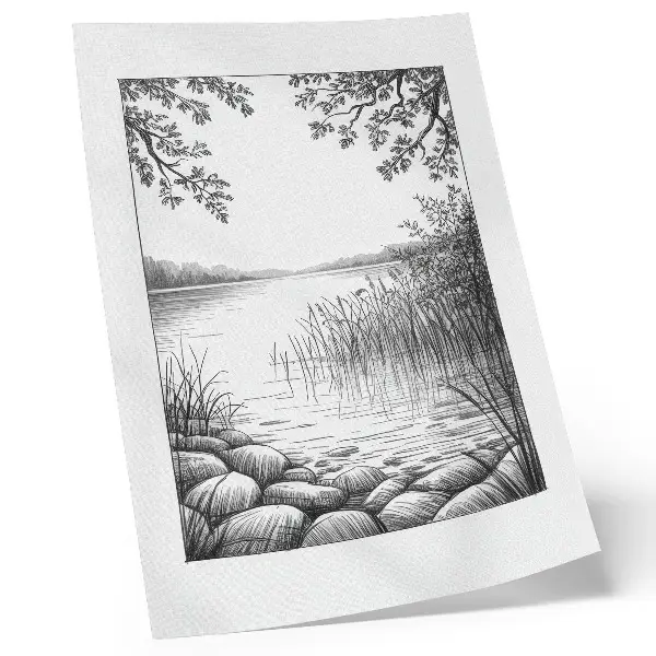 Decorative poster featuring a peaceful landscape of a lake with stones and leaves
