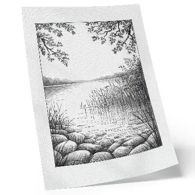 Decorative poster featuring a peaceful landscape of a lake with stones and leaves