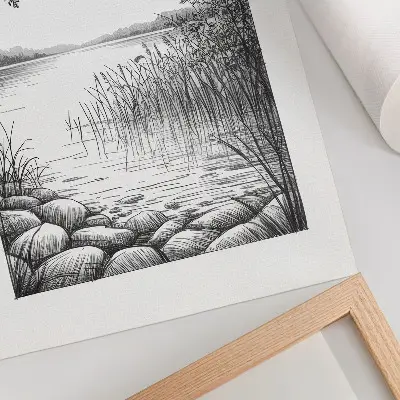 Decorative poster featuring a peaceful landscape of a lake with stones and leaves