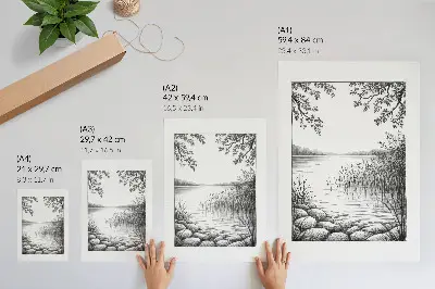 Decorative poster featuring a peaceful landscape of a lake with stones and leaves
