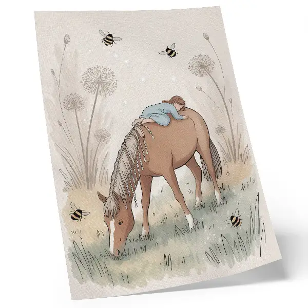 Baby horse and dandelions poster in warm pastel colors