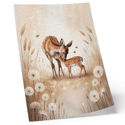 Art print roe deer with fawn and brightly colored flowers