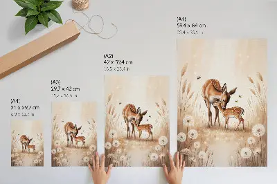 Art print roe deer with fawn and brightly colored flowers