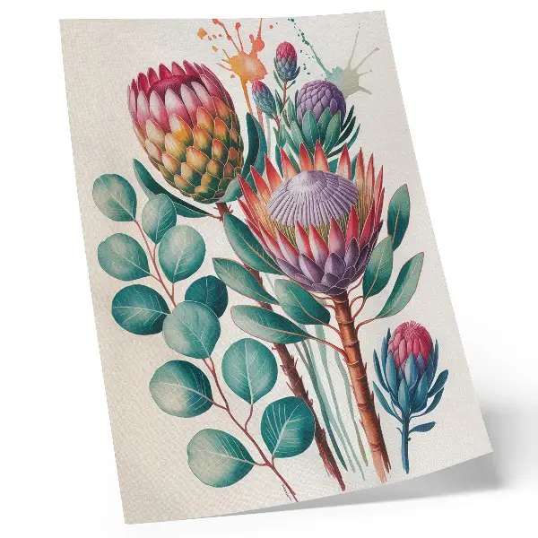 Exotic protea flowers and green leaves poster exotic protea flowers with green leaves