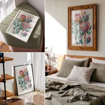 Exotic protea flowers and green leaves poster exotic protea flowers with green leaves