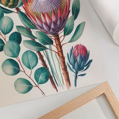 Exotic protea flowers and green leaves poster exotic protea flowers with green leaves