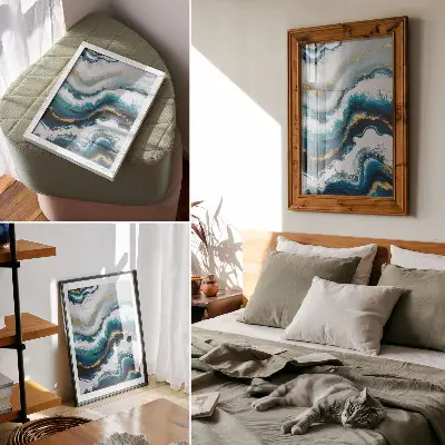 Decorative poster turquoise waves design with gold accents and a modern style