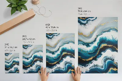 Decorative poster turquoise waves design with gold accents and a modern style