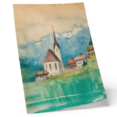Decorative poster featuring a watercolor mountain church scene in nature
