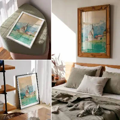 Decorative poster featuring a watercolor mountain church scene in nature