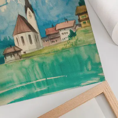 Decorative poster featuring a watercolor mountain church scene in nature