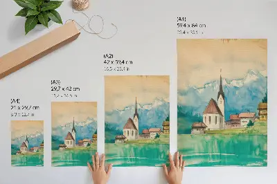 Decorative poster featuring a watercolor mountain church scene in nature