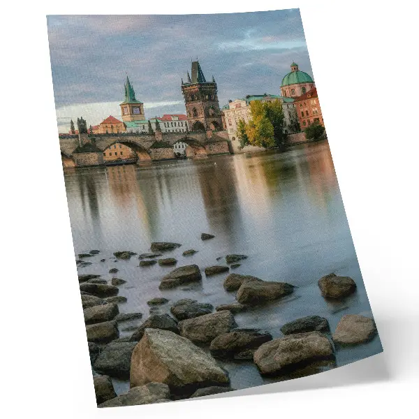 Decorative poster picturesque panorama of the city with a bridge over the river