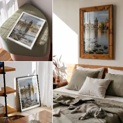 Decorative poster picturesque panorama of the city with a bridge over the river