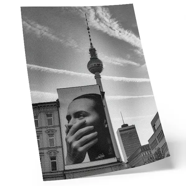 Art print city with a mural and a TV tower
